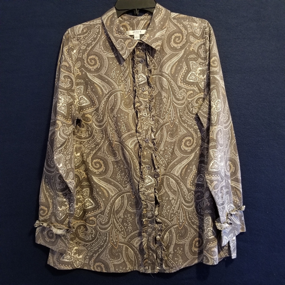 Liz Claiborne Paisley Print Long Sleeve Shirt Features A Charming Ruffle Trim